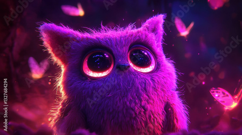 Enchanting whimsical creature with large eyes in a mystical forest setting