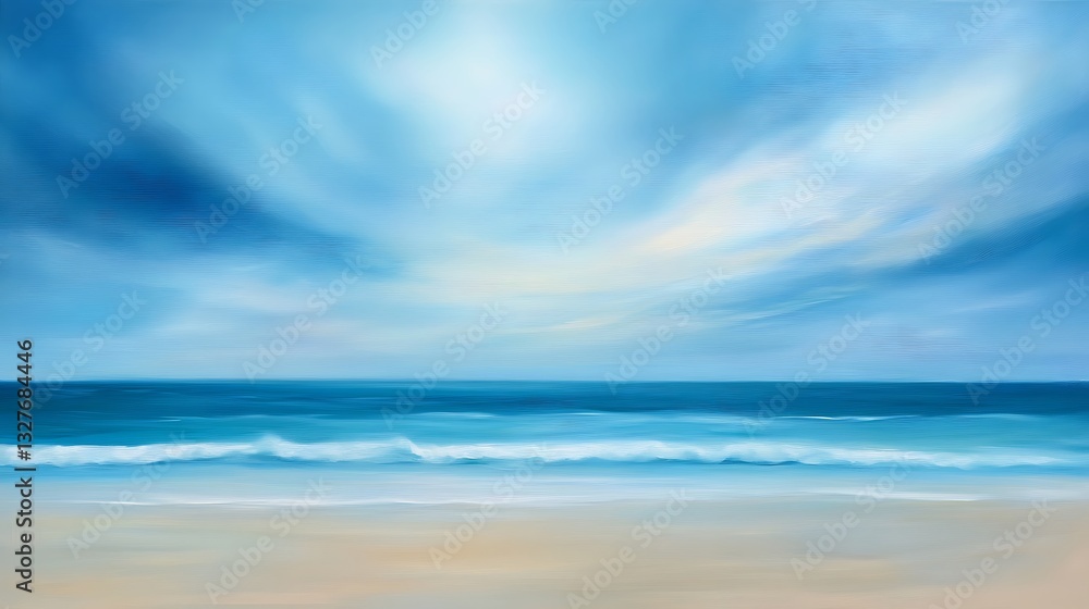 Seascape Painting of Ocean Waves and Sandy Beach Under Bright Sky Seascape Painting of Ocean Waves and Sandy Beach Under Bright Sky