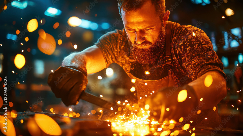 Skilled blacksmith hammering glowing metal in workshop for traditional craftsmanship artistry Skilled blacksmith hammering glowing metal in workshop for traditional craftsmanship artistry