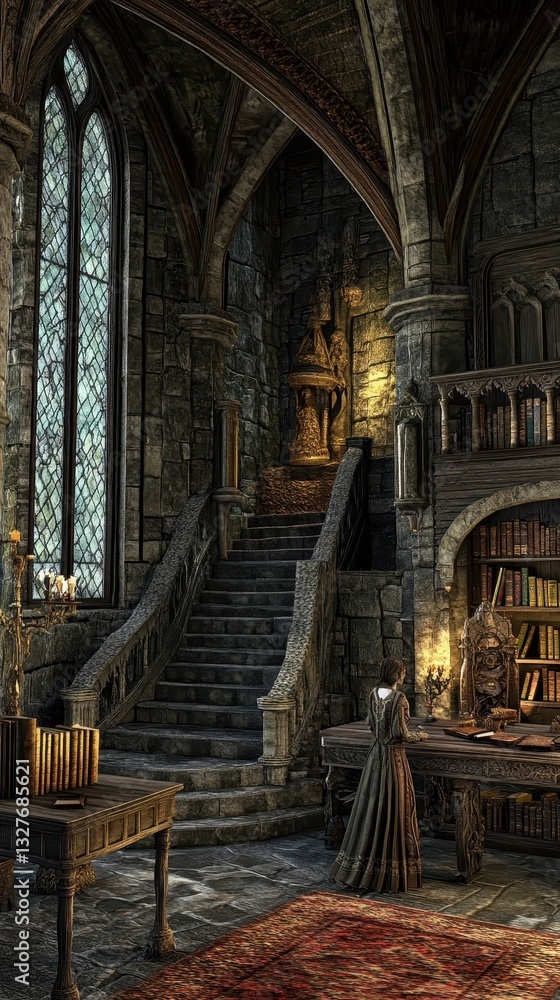 Fototapeta premium A grand medieval room with stone steps and a person