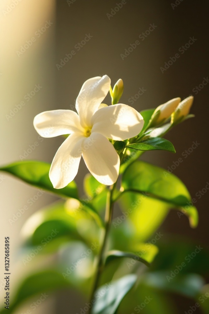 Obraz premium Close-up shot of a white flower with green leaves, ideal for use in botanical or floral designs