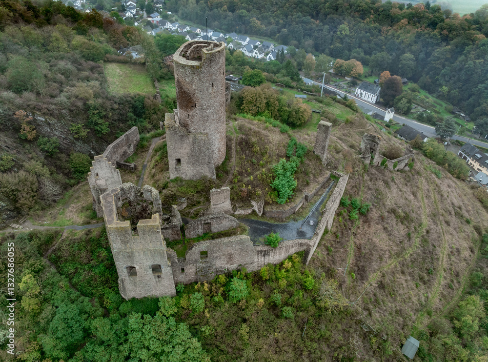 Aerial ground plan view of Philipsburg castle above Monreal Germany with pentagonal tower and large round keep