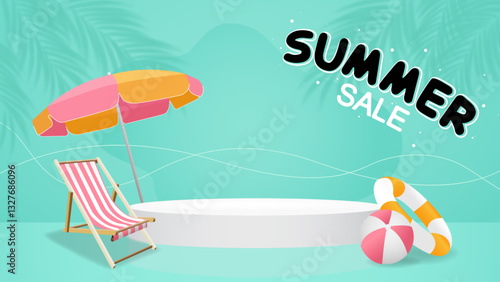 Round podium on indigo blue palm tree shadow background feeling summer beach or seaside includes umbrella, beach chair, lifebuoy and ball use horizontal banners, poster, card, brochure design.