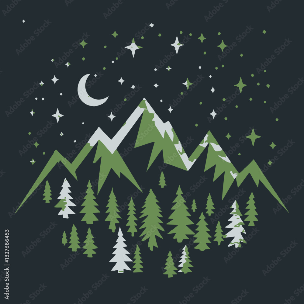 Obraz premium Nighttime Mountain Forest Landscape with Stars and Moon