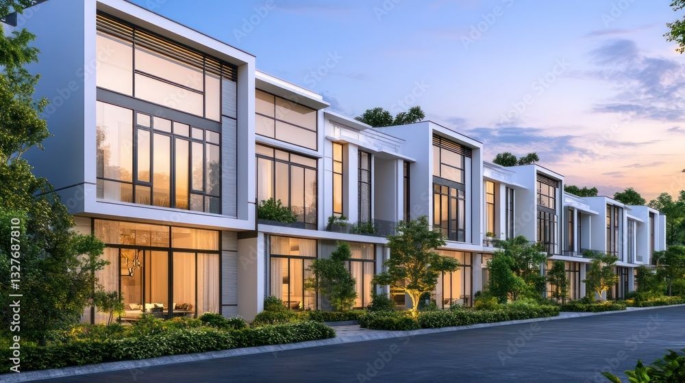 A row of elegant contemporary townhouses with white and light gray walls, large glass windows, and modern design elements A row of elegant contemporary townhouses with white and light gray walls, large glass windows, and modern design elements