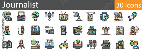 Journalist Line Icons Set. Collection of 30 outline icons representing news reporting, media, and press-related elements. .