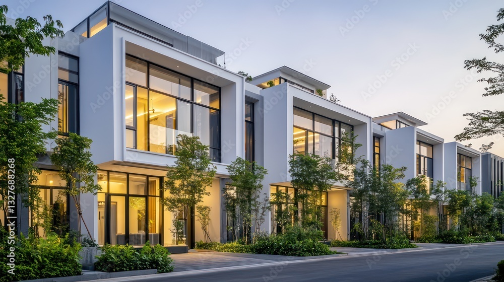 A row of modern townhouses featuring minimalist white and gray walls, large glass windows, and sharp architectural elements A row of modern townhouses featuring minimalist white and gray walls, large glass windows, and sharp architectural elements