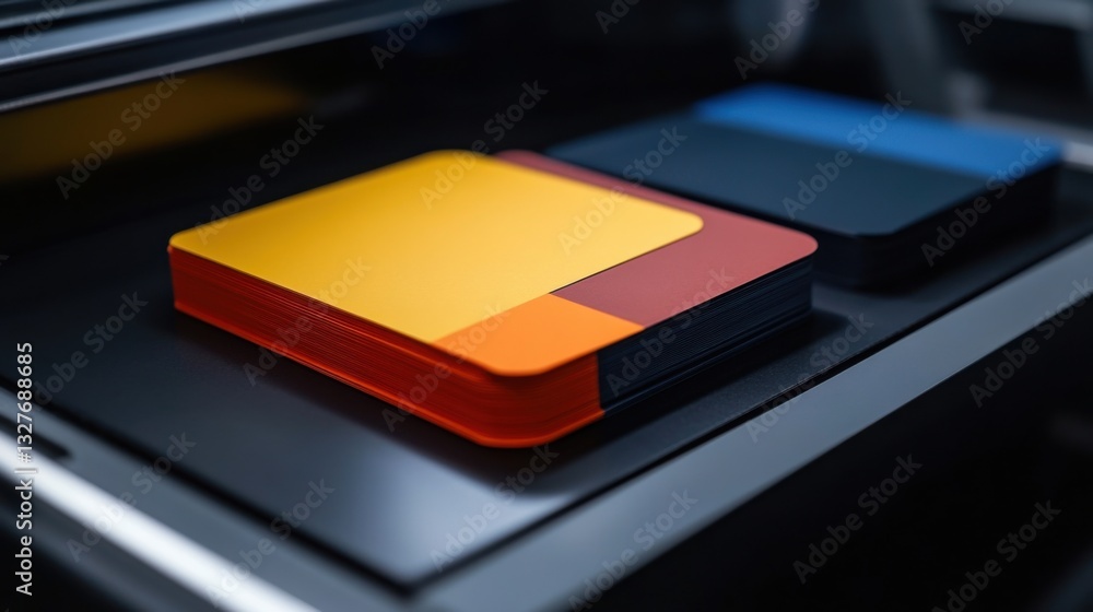 Colorful Stationery Notebooks with Abstract Design on Desk Surface Colorful Stationery Notebooks with Abstract Design on Desk Surface