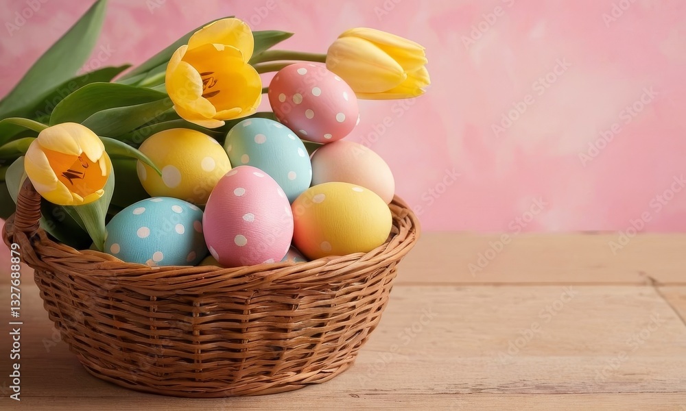 Pastel Easter Eggs and Yellow Tulips in Basket on Wood Surface Pastel Easter Eggs and Yellow Tulips in Basket on Wood Surface