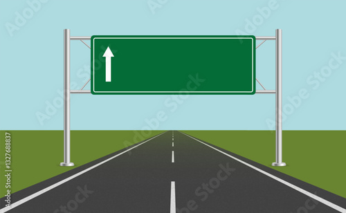 Perspective view road track with green sign board. Empty highway with directions sign. Vector EPS 10