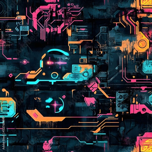 A seamless futuristic graffiti pattern combining urban street art with cyberpunk aesthetics, featuring glowing neon spray paint tags, holographic-style lettering, and sci-fi symbols. Circuit