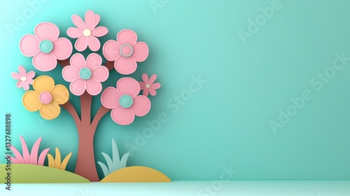 Pastel Pink and Yellow Flower Tree Illustration on Teal Background