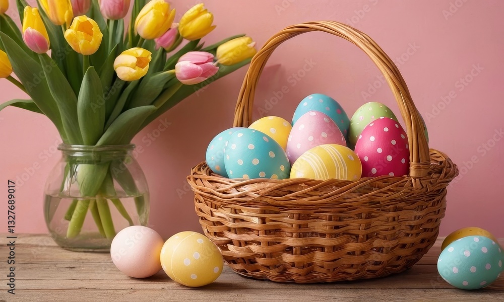 Festive easter arrangement with colorful eggs and tulips for springtime celebrations Festive easter arrangement with colorful eggs and tulips for springtime celebrations