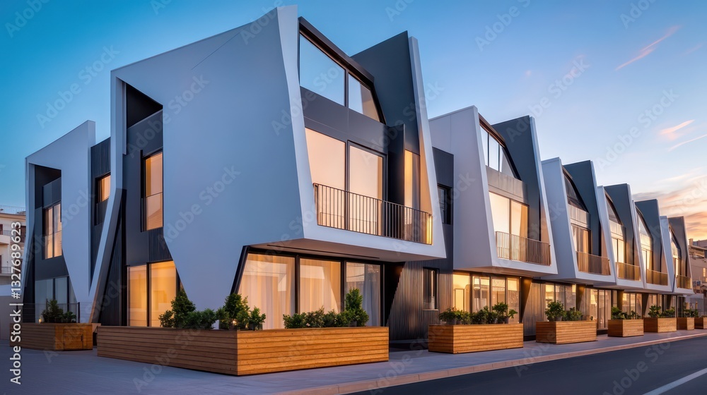 A row of sleek, modern townhouses with geometric shapes, large windows, and metallic accents A row of sleek, modern townhouses with geometric shapes, large windows, and metallic accents