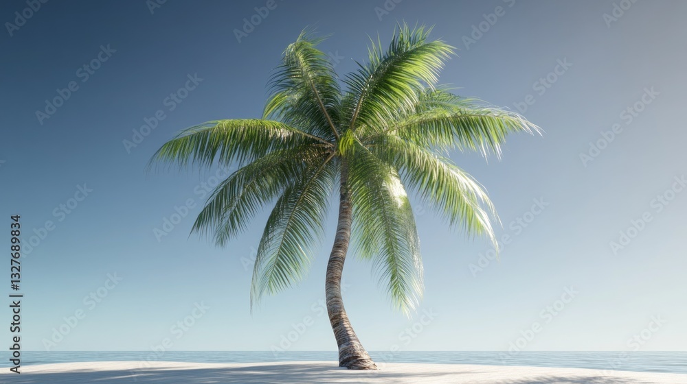 Solitary Palm Tree on a Serene Beach with Clear Blue Sky and Calm Waters Ideal for Relaxation Solitary Palm Tree on a Serene Beach with Clear Blue Sky and Calm Waters Ideal for Relaxation