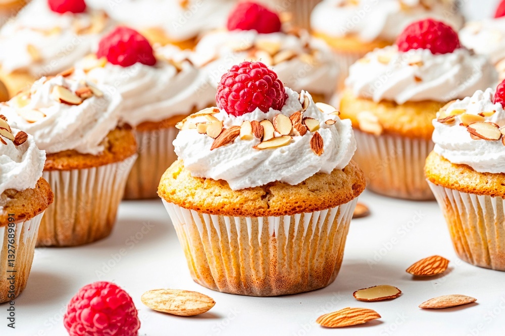 Freshly baked raspberry almond cupcakes are arranged beautifully, topped with whipped cream, slivered almonds, and a sweet raspberry on each. Perfect for any celebration or snacktime Freshly baked raspberry almond cupcakes are arranged beautifully, topped with whipped cream, slivered almonds, and a sweet raspberry on each. Perfect for any celebration or snacktime