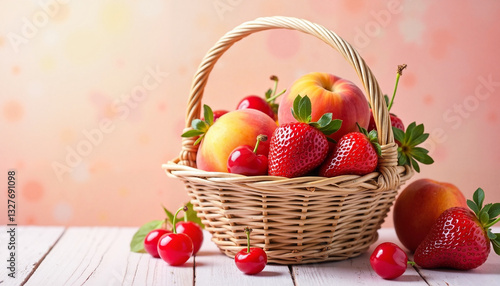 Basket of fresh strawberries and peaches on wooden table, Basket with  fruits, Picnic in the park