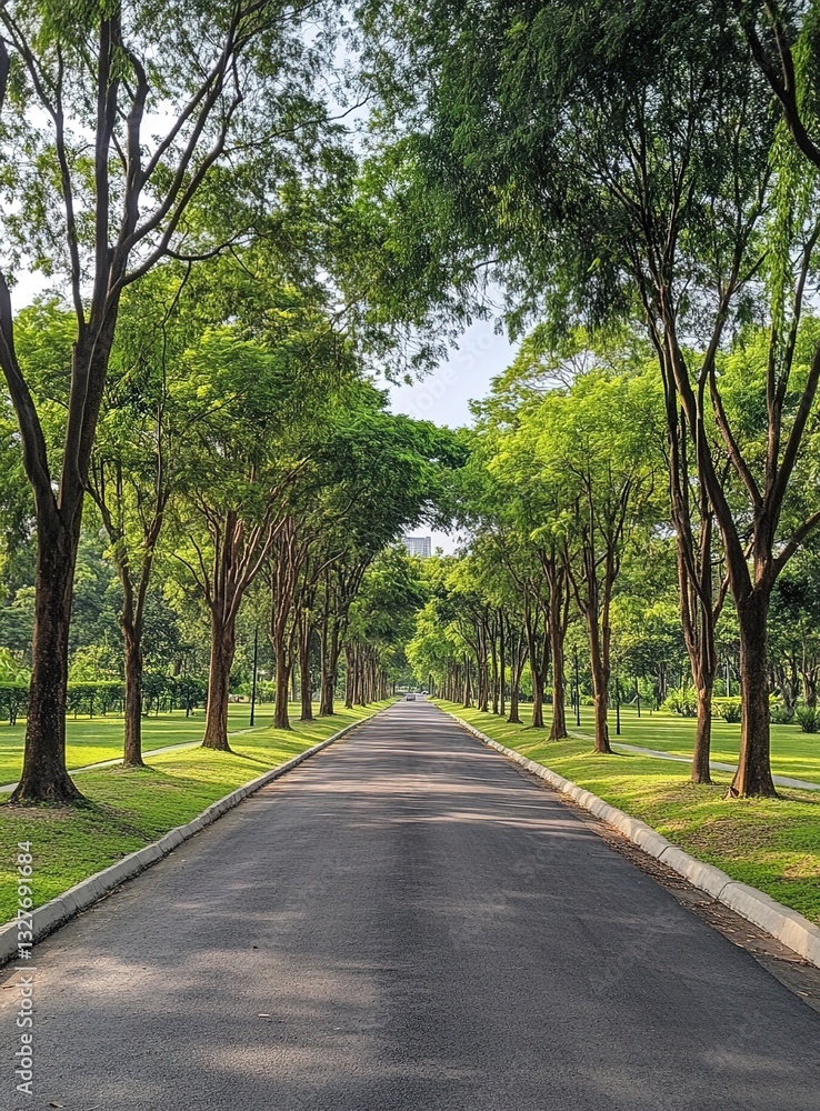 Realistic shot of a peaceful park with trees lining the road, creating an enchanting and green atmosphere in which to walk or drive on an asphalt surface that is clean and well-maintained. Realistic shot of a peaceful park with trees lining the road, creating an enchanting and green atmosphere in which to walk or drive on an asphalt surface that is clean and well-maintained.