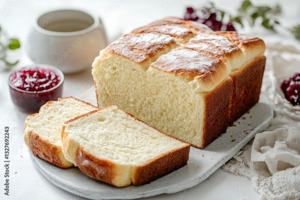 Freshly Baked Bread Loaf with Slices and Jam in a Cozy Kitchen Setting Freshly Baked Bread Loaf with Slices and Jam in a Cozy Kitchen Setting