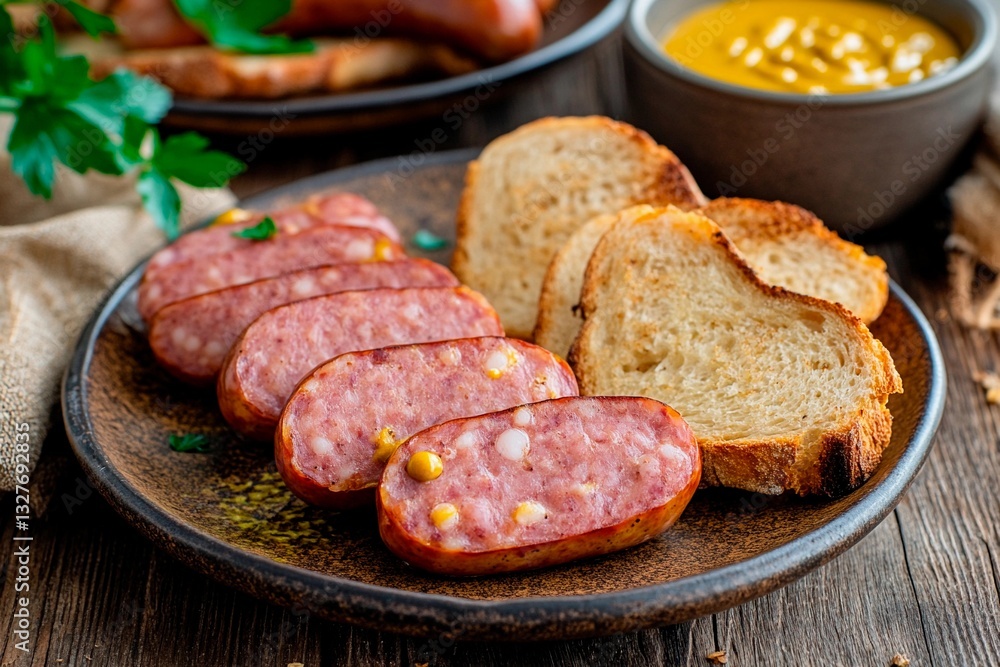 A plate showcases neatly sliced smoked sausage accompanied by golden-brown toast and a small bowl of mustard. The rustic table setting highlights the warmth of the meal A plate showcases neatly sliced smoked sausage accompanied by golden-brown toast and a small bowl of mustard. The rustic table setting highlights the warmth of the meal