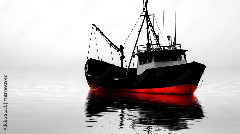 Naklejka premium Black silhouette of fishing boat with red bottom on water.