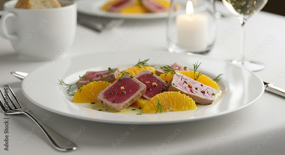 オレンジとマグロの彩り鮮やかランチプレート 上品な光で輝く オレンジとマグロの彩り鮮やかランチプレート 上品な光で輝く
