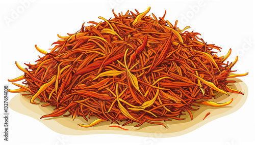A close-up of dried red saffron threads, showcasing the intricate texture and vibrant color of this prized spice.