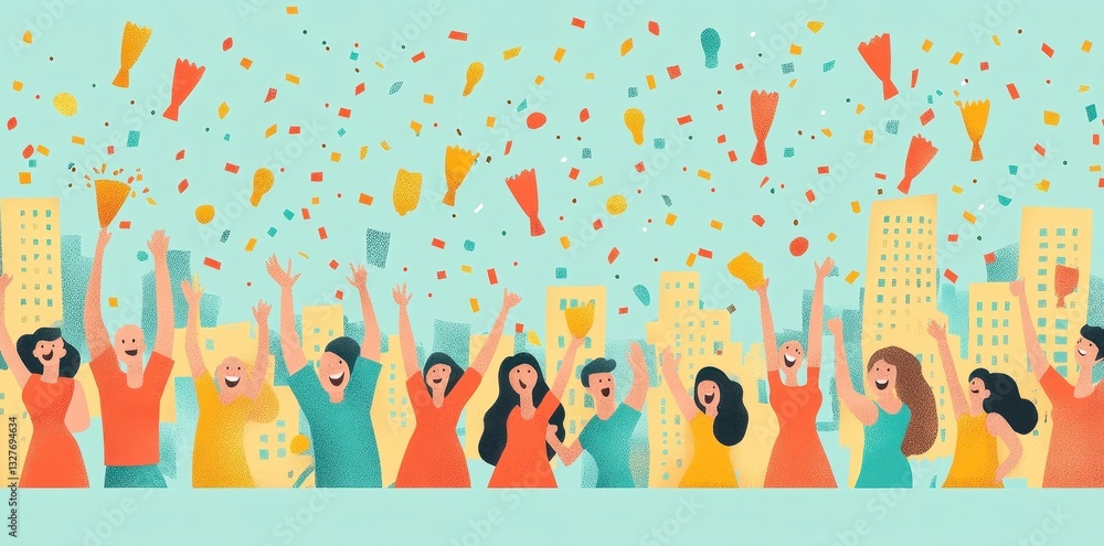 Cheerful people celebrate amongst colorful confetti in a cityscape scene Cheerful people celebrate amongst colorful confetti in a cityscape scene