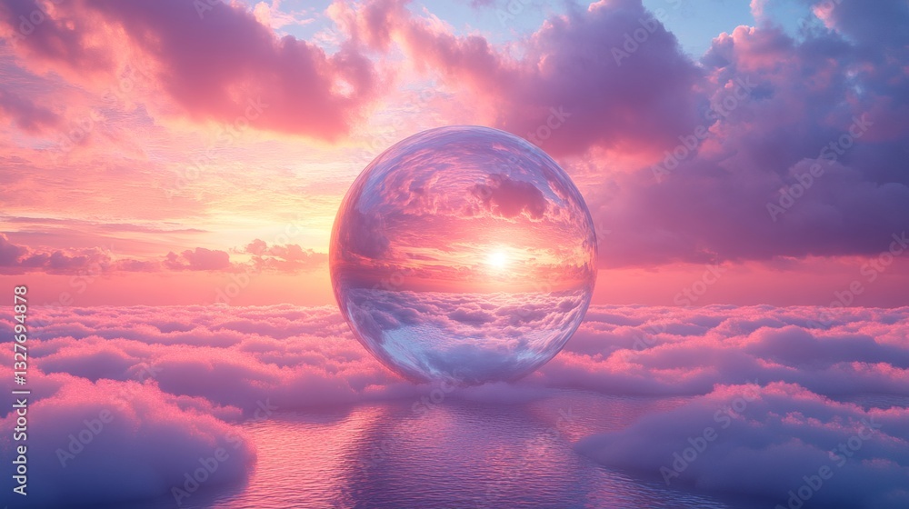 a captivating glass sphere reflecting a stunning pink and orange sunset over fluffy clouds a captivating glass sphere reflecting a stunning pink and orange sunset over fluffy clouds
