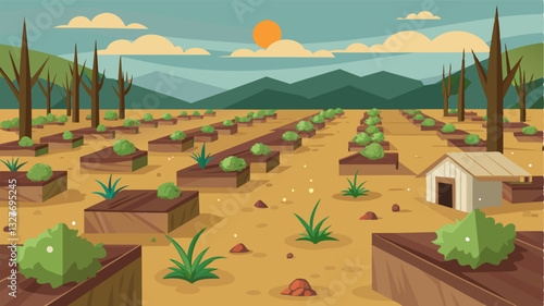 The once vibrant vegetable gardens surrounding the camp are now barren and lifeless the soil depleted of nutrients after years of overuse and neglect.. Vector illustration