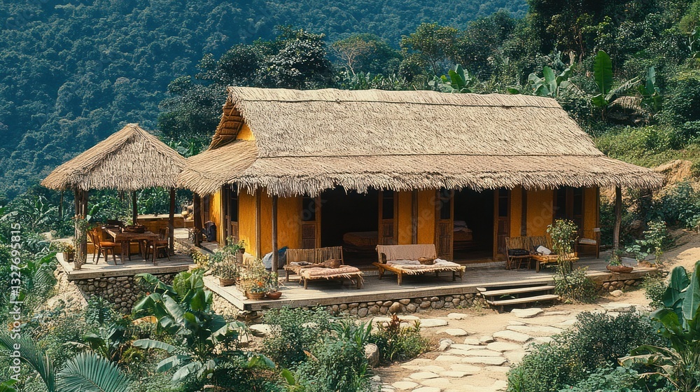 Mountaintop thatched hut with patio overlooking jungle Mountaintop thatched hut with patio overlooking jungle
