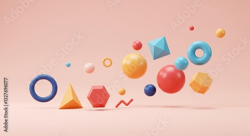 Fototapeta Naklejka Na Ścianę i Meble -  パステルカラーの幾何学模様 軽やかに舞うカラフルな立体