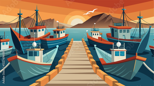 The rows of empty fishing boats docked at the harbor paint a bleak picture of a once thriving industry now in decline due to depleted fish stocks.. Vector illustration