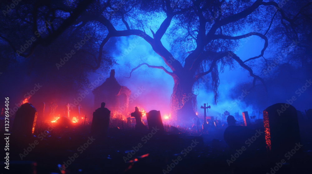 Fototapeta premium Eerie nighttime graveyard with fog and gnarled trees for halloween scenes
