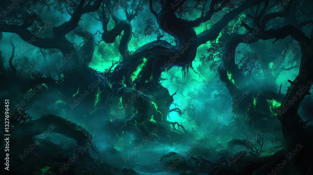 Fototapeta premium Enchanted stormy forest with mysterious gnarled trees