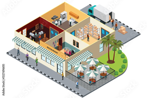 Isometric of Restaurant Interior Vector Illustration