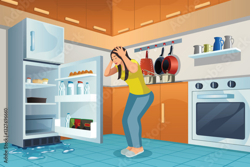 Homeowner With Leaking Refrigerator in the Kitchen Vector Illustration