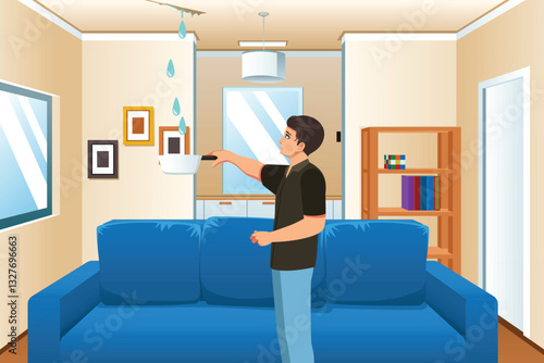 Homeowner With Leaking Roof in the Living Room Vector Illustration