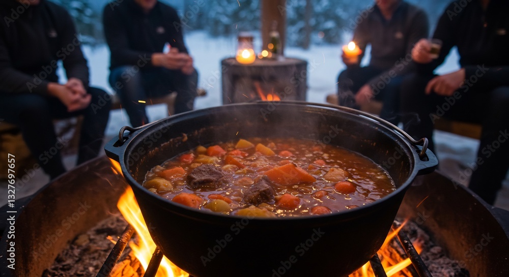 Fototapeta premium 焚き火で温まる温かい煮込み料理 冬の温もり感じる情景