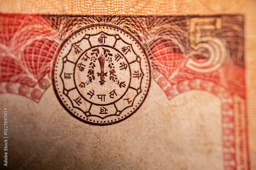 Obraz premium A macro shot of a Nepalese Rupee 5 banknote displaying an intricate engraving of two yaks in a mountainous landscape. The note's texture, design, and details are visible.