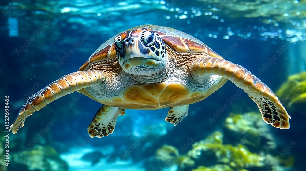 Fototapeta premium Sea Turtle Swimming Underwater Gracefully in Aquarium with Tropical Backdrop
