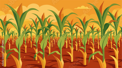 The rows of corn looked like a sea of withered wilted plants defeated by the unrelenting heatwave.. Vector illustration