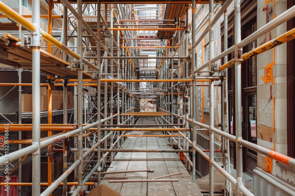 A narrow, enclosed passageway formed by scaffolding and temporary walkways, A maze of scaffolding and temporary walkways leading around the site A narrow, enclosed passageway formed by scaffolding and temporary walkways, A maze of scaffolding and temporary walkways leading around the site