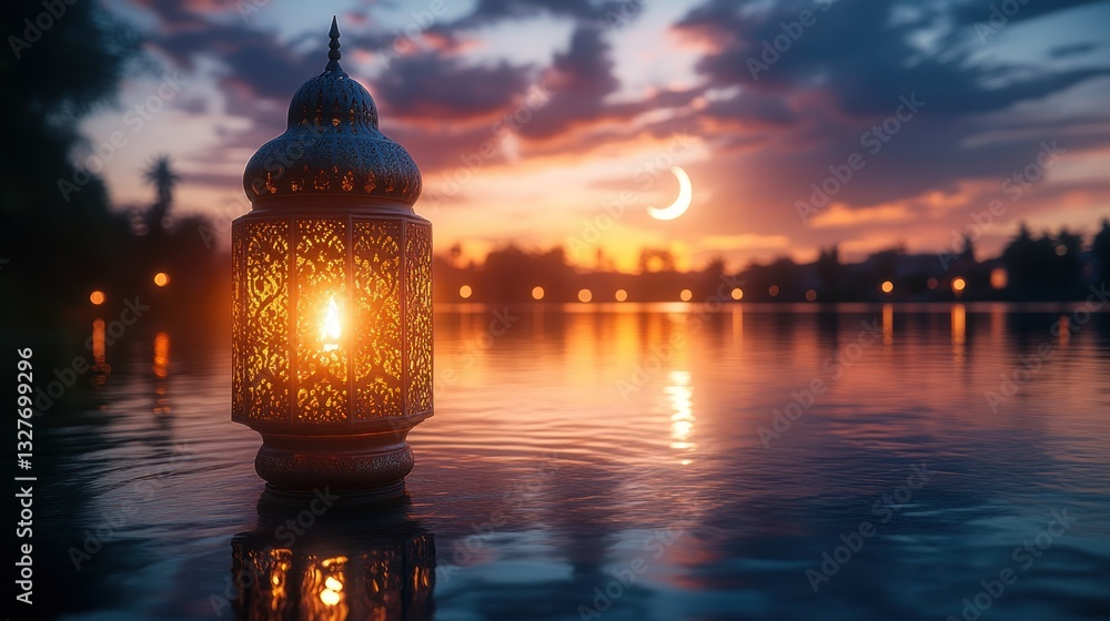 Ornate lantern, reflecting on calm water, at dusk. Crescent moon visible Ornate lantern, reflecting on calm water, at dusk. Crescent moon visible