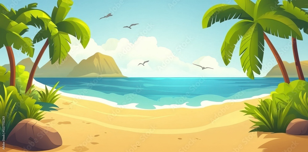 A beautiful cartoon beach scene featuring palm trees and ocean A beautiful cartoon beach scene featuring palm trees and ocean
