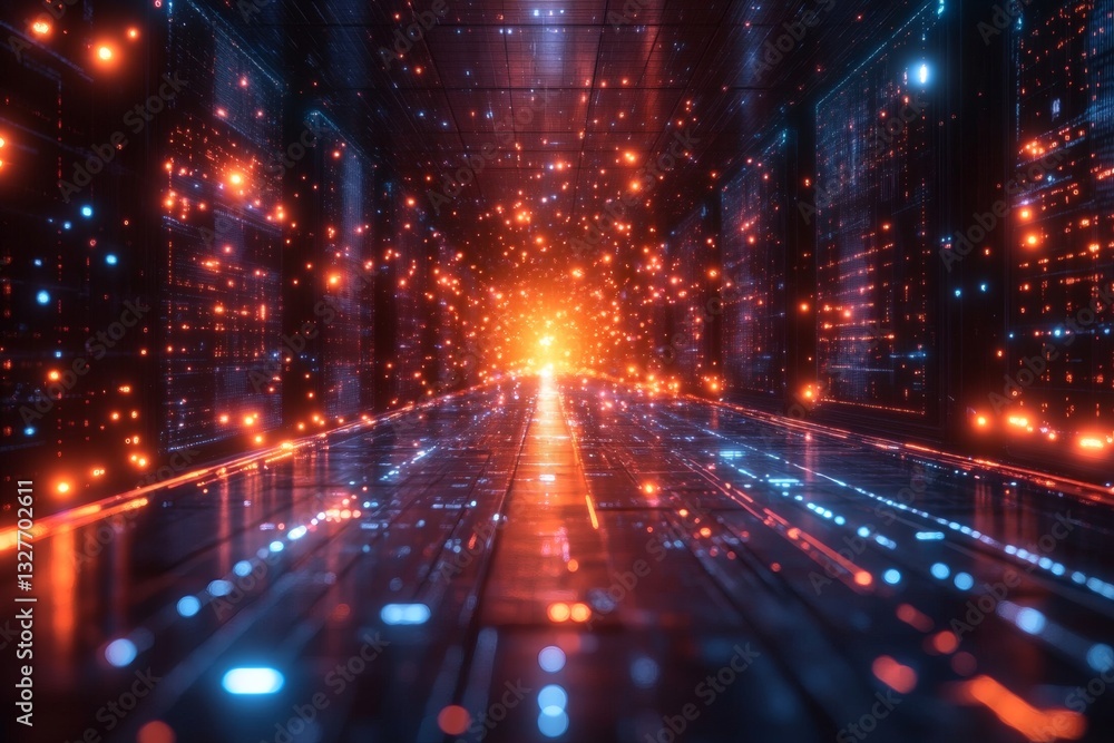 Obraz premium futuristic digital tunnel with a glowing, radiant pathway. The tunnel is lined with data streams and particles