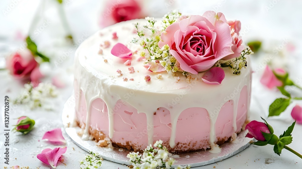 Elegant Cake Decorated with Rose and White Drizzle Elegant Cake Decorated with Rose and White Drizzle