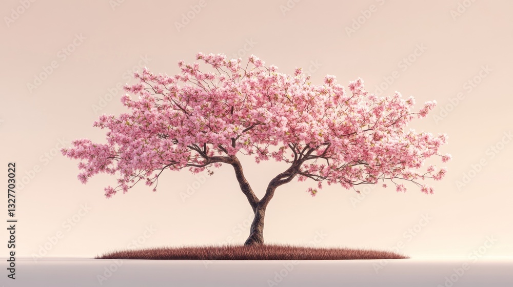 Fototapeta premium A solitary blossoming tree with pink flowers standing on a small patch of grass against a soft
