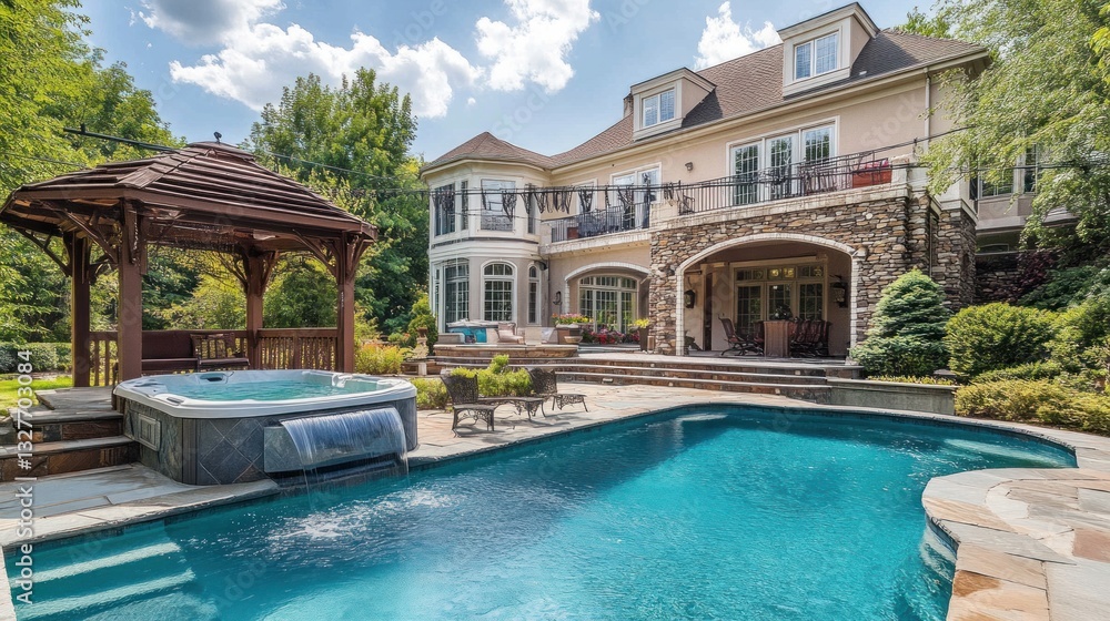 custom made wallpaper toronto digitalLuxurious Estate Backyard Oasis. Features a spacious swimming pool, jacuzzi, gazebo, and large home, nestled in a beautiful landscape. Tranquil outdoor living space