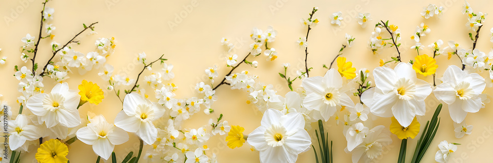 Fototapeta premium Festive banner with spring flowers, white daffodils and flowering cherry branches on a light yellow pastel background